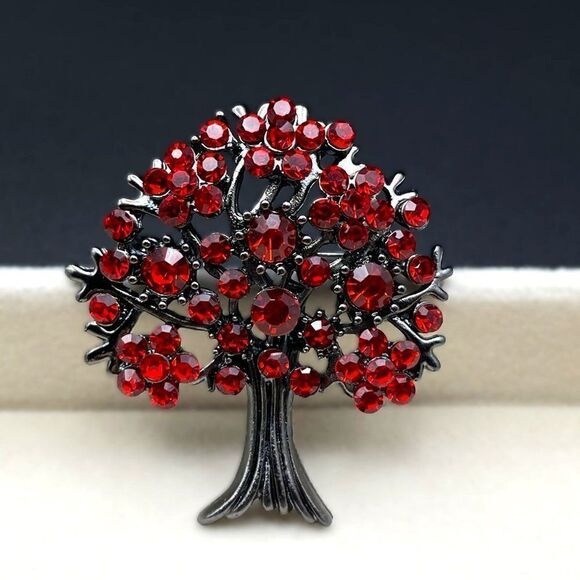 Gunmetal Gray with Dark Ruby Red Crystal Blooming Tree Pin Back Brooch - Picture 3 of 7